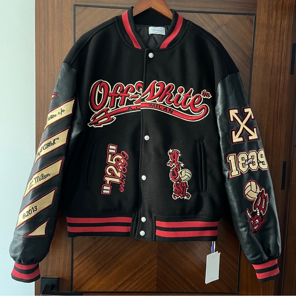 Off-White Black and Red Embroidered Varsity Jacket